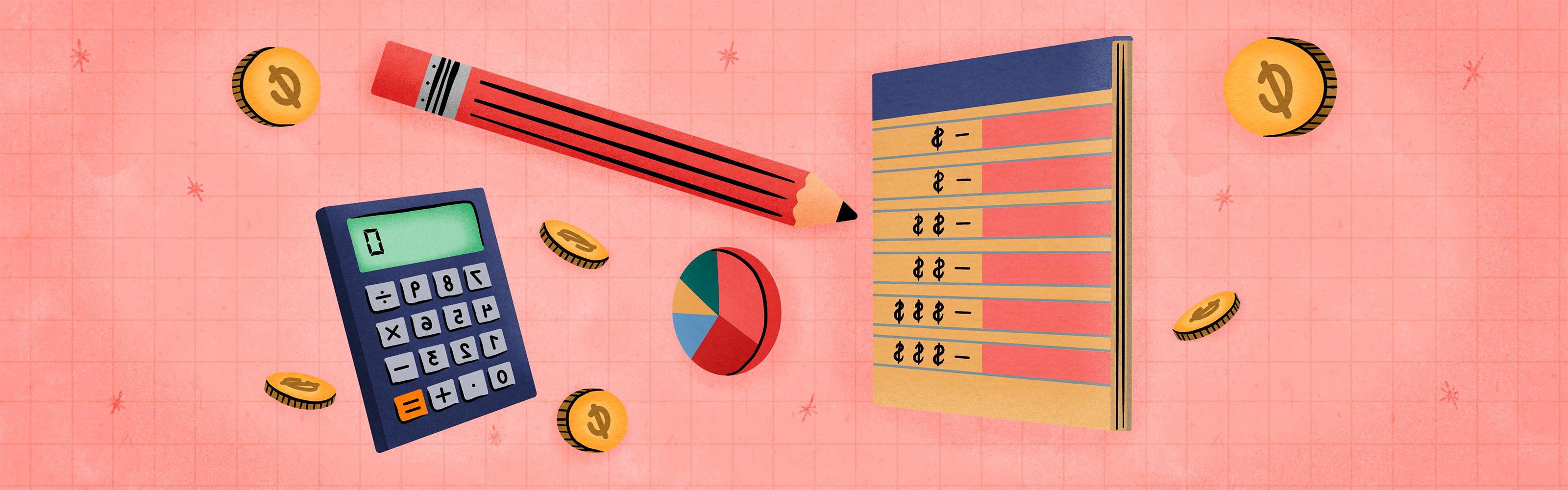 Graphic of notepad with budgeting plan, pencil, coins, pie chart, calculator